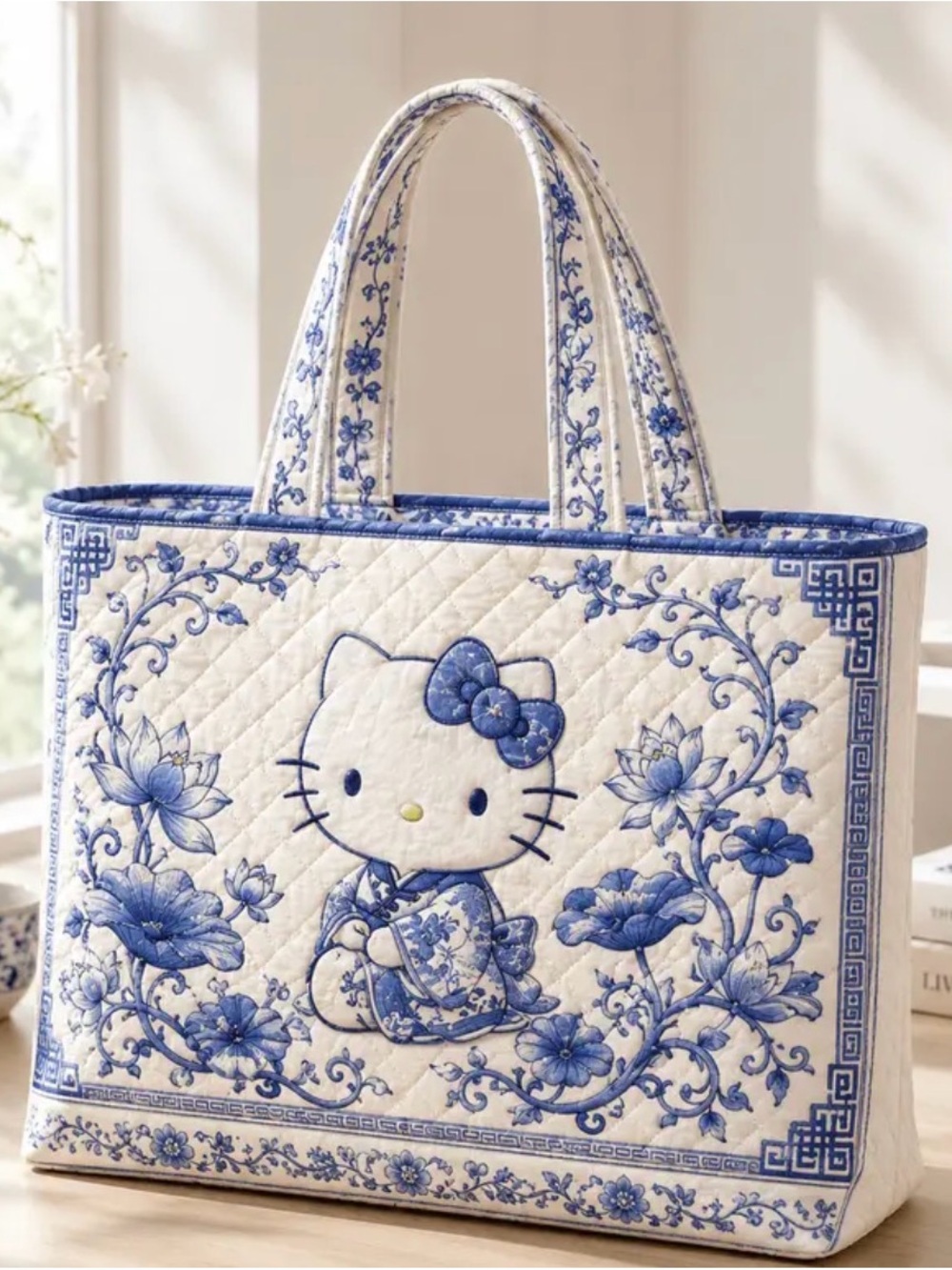 Hello Kitty White and Blue Quilted Floral Tote